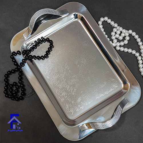 سینی استیل مستطیل کوچک دسته نگین کد03