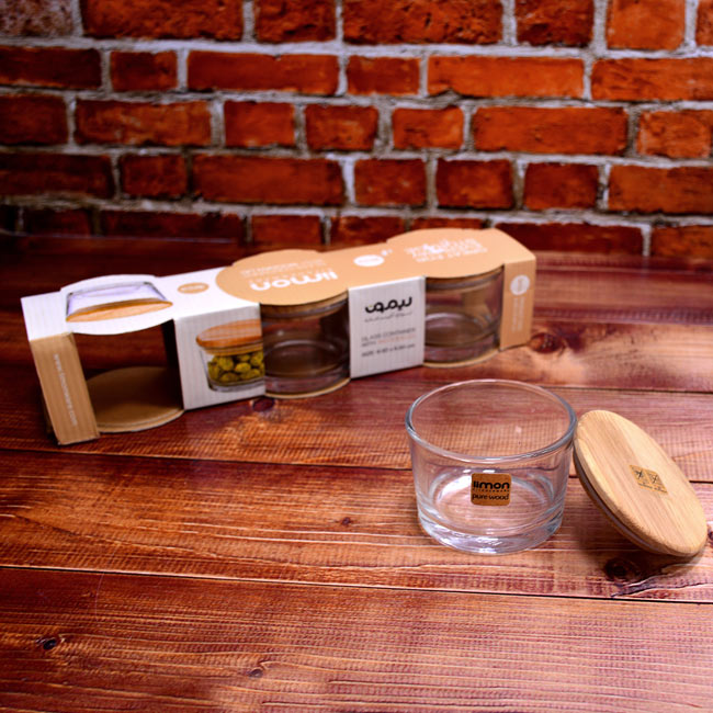 ظرف شیشه ای گرد 190میلی لیتر درب چوب کد2210 لیمون