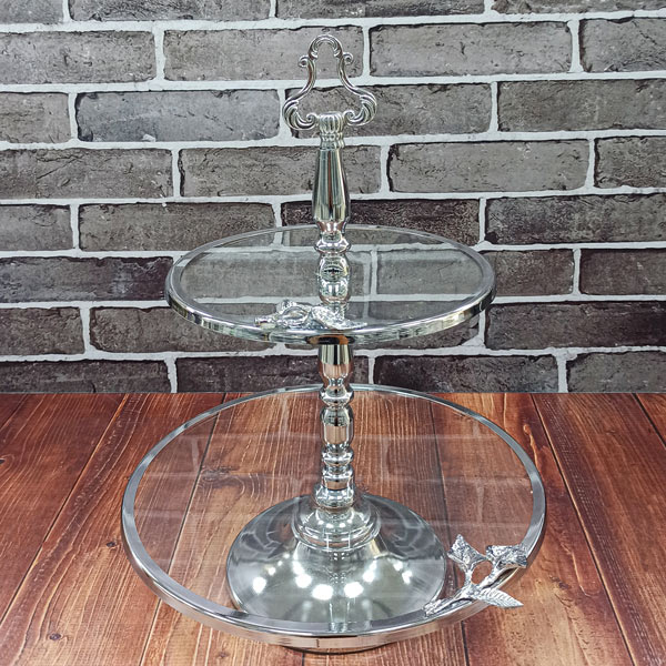 شیرینی خوری دو طبقه شیشه ای نقره ای رویال هوم