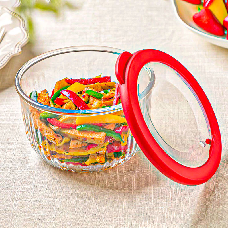 کاسه گرد شیشه ای دربدار شیاردار 970میل الوان کد2220 لیمون