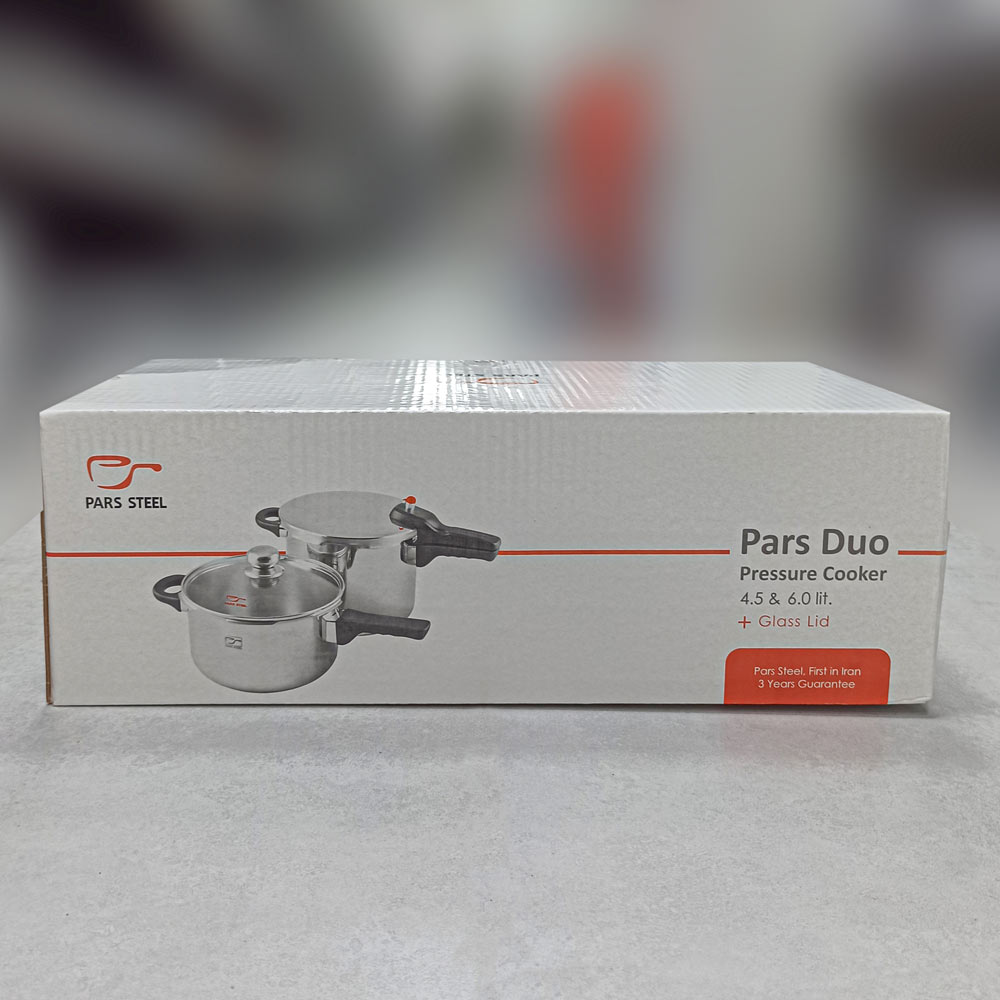 زودپز دو قلو 6+4/5لیتر کف سه لایه +درب پیرکس و سبد بخار پارس استیل