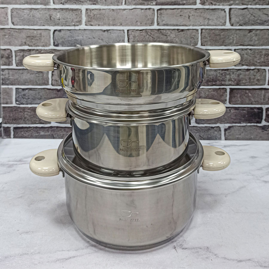 سرویس قابلمه 5پارچه کف سه لایه کرم رایکا پارس استیل