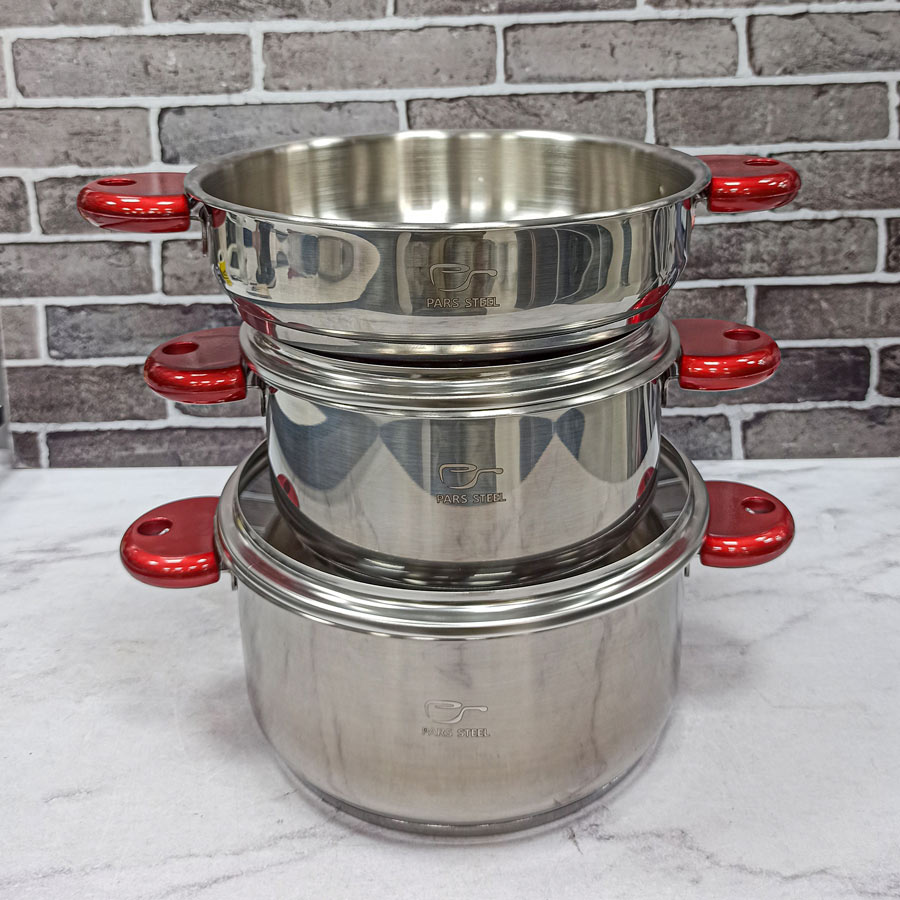 سرویس قابلمه 5پارچه کف سه لایه قرمز رایکا پارس استیل