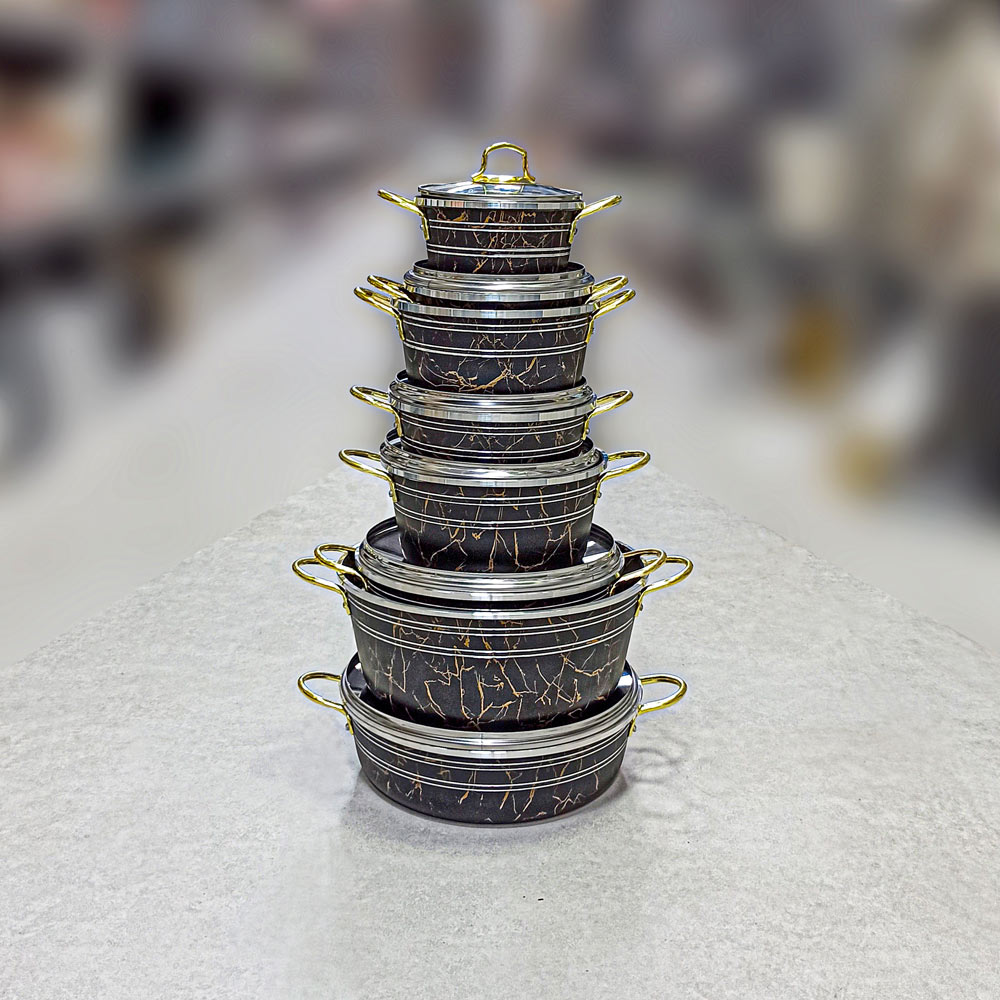 قابلمه 14پارچه درب پیرکس دسته طلایی ماربل سهند