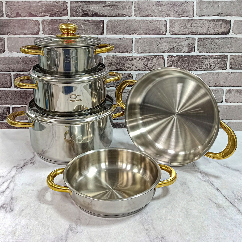 سرویس قابلمه 8پارچه دسته فلزی طلایی پارس استیل