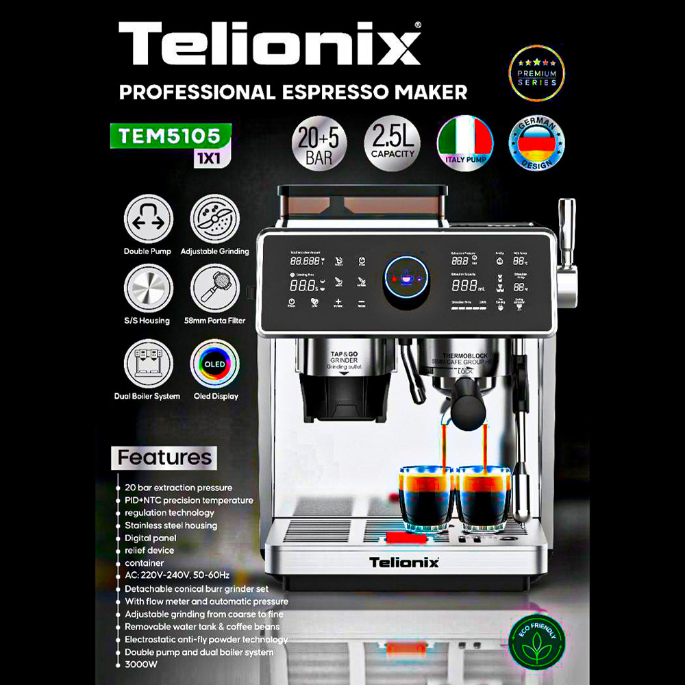 اسپرسوساز نیمه صنعتی 3000وات 5+20 بار کد5105 تلیونیکس