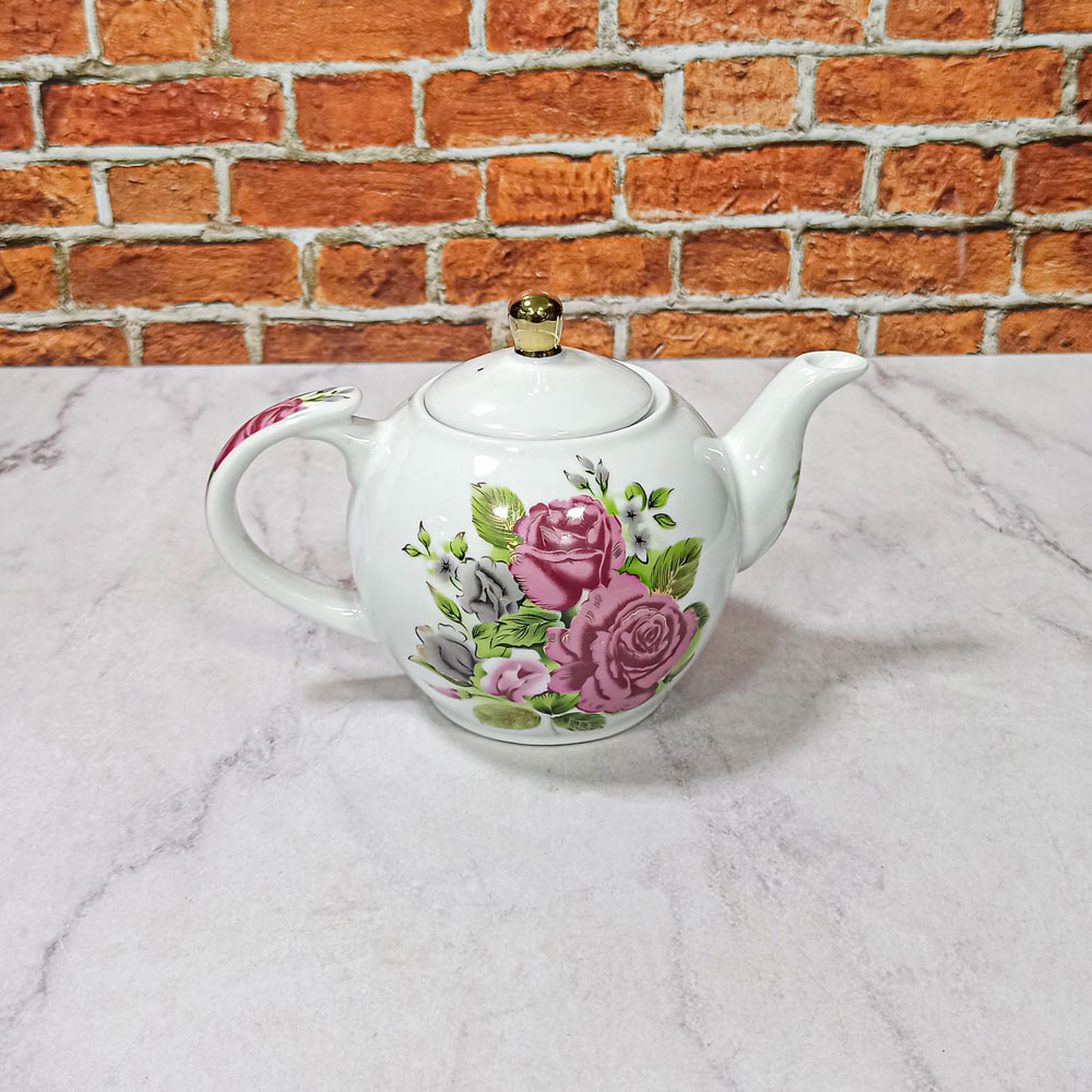 قوری 8نفره سفید طرح گل رز طلا دار چینی تقدیس